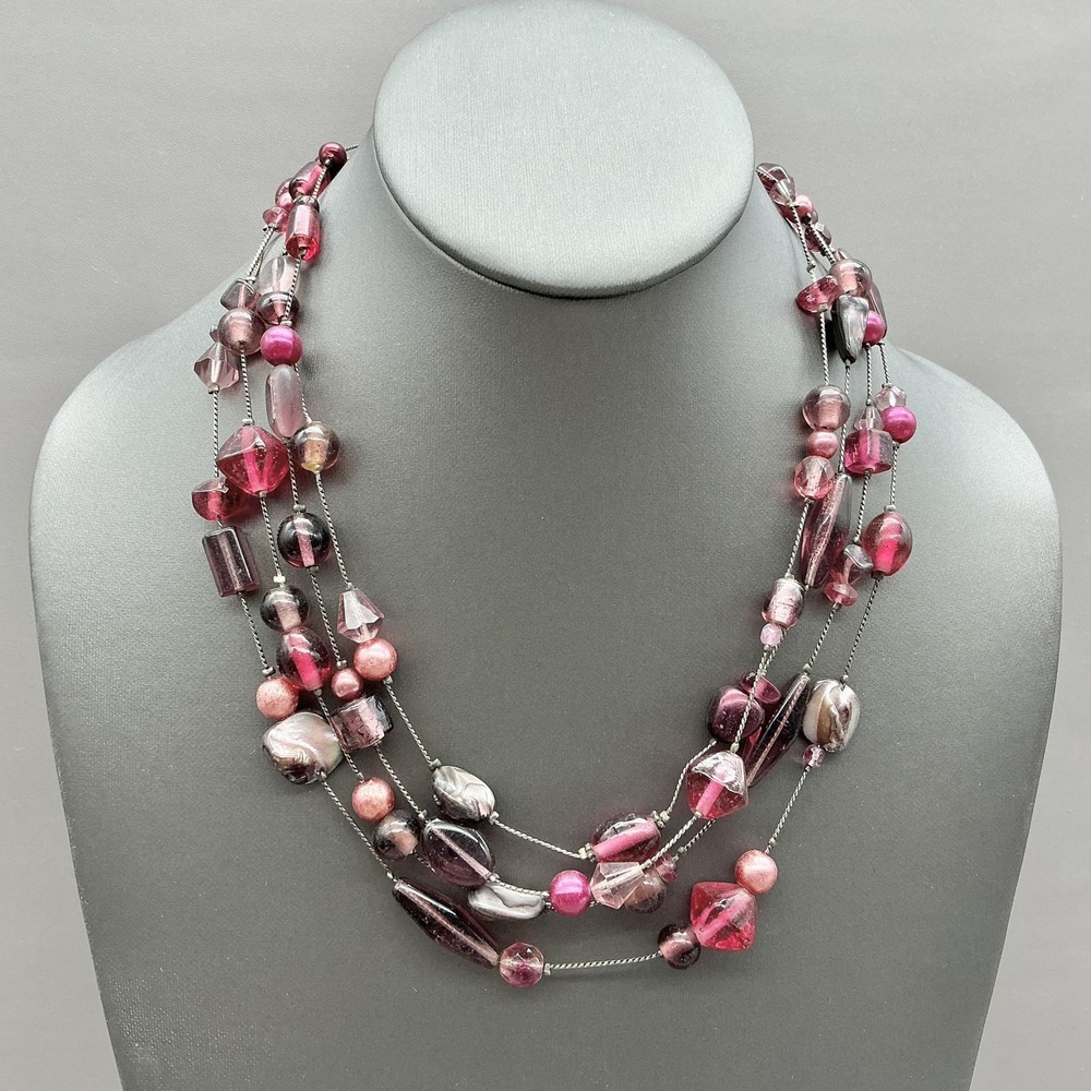 Necklace Multi Strand Glass Bead Pink Layered Statement Silver Tone Adjustable